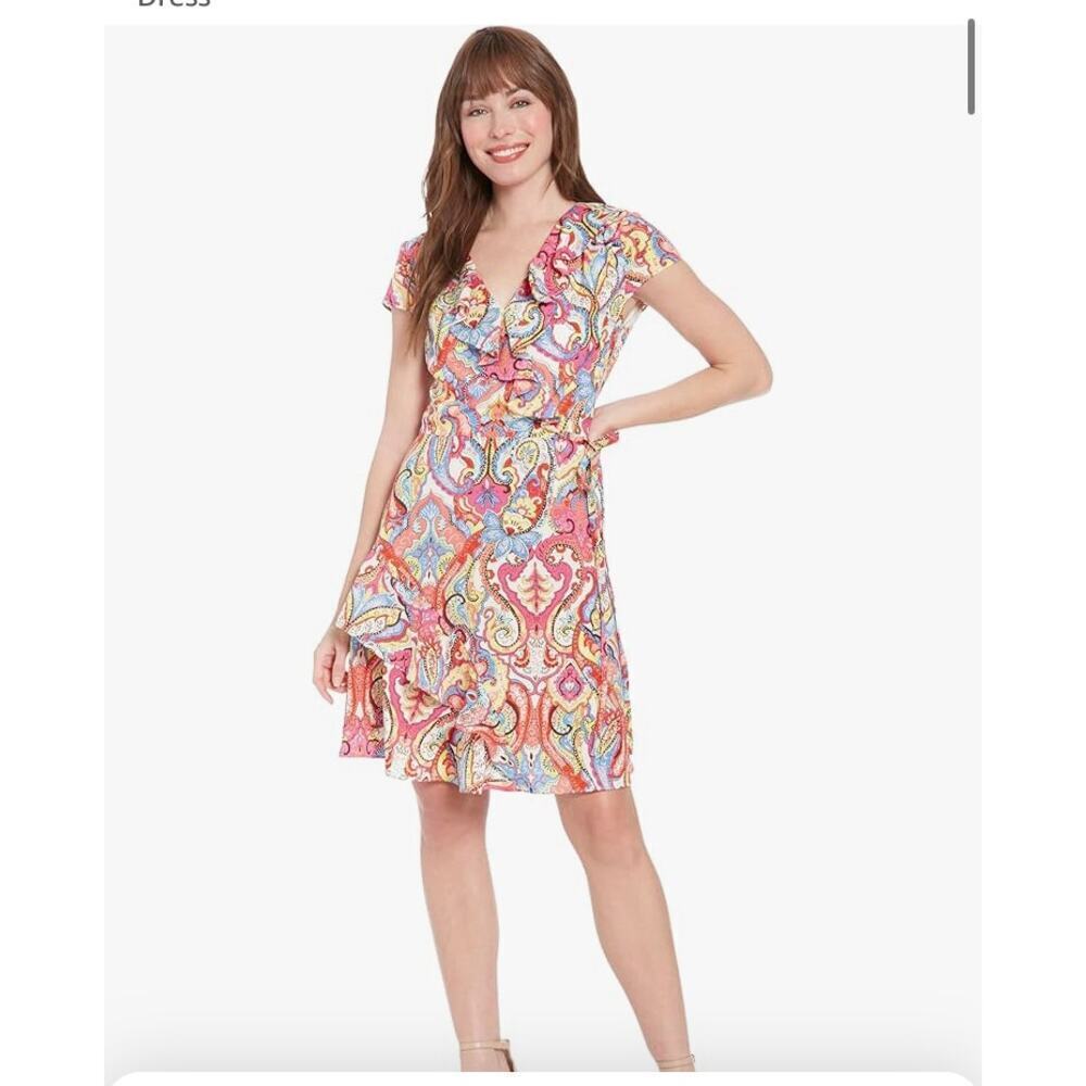NWT London Times Side Tie Asymm Cascade Surplice Dress 14W